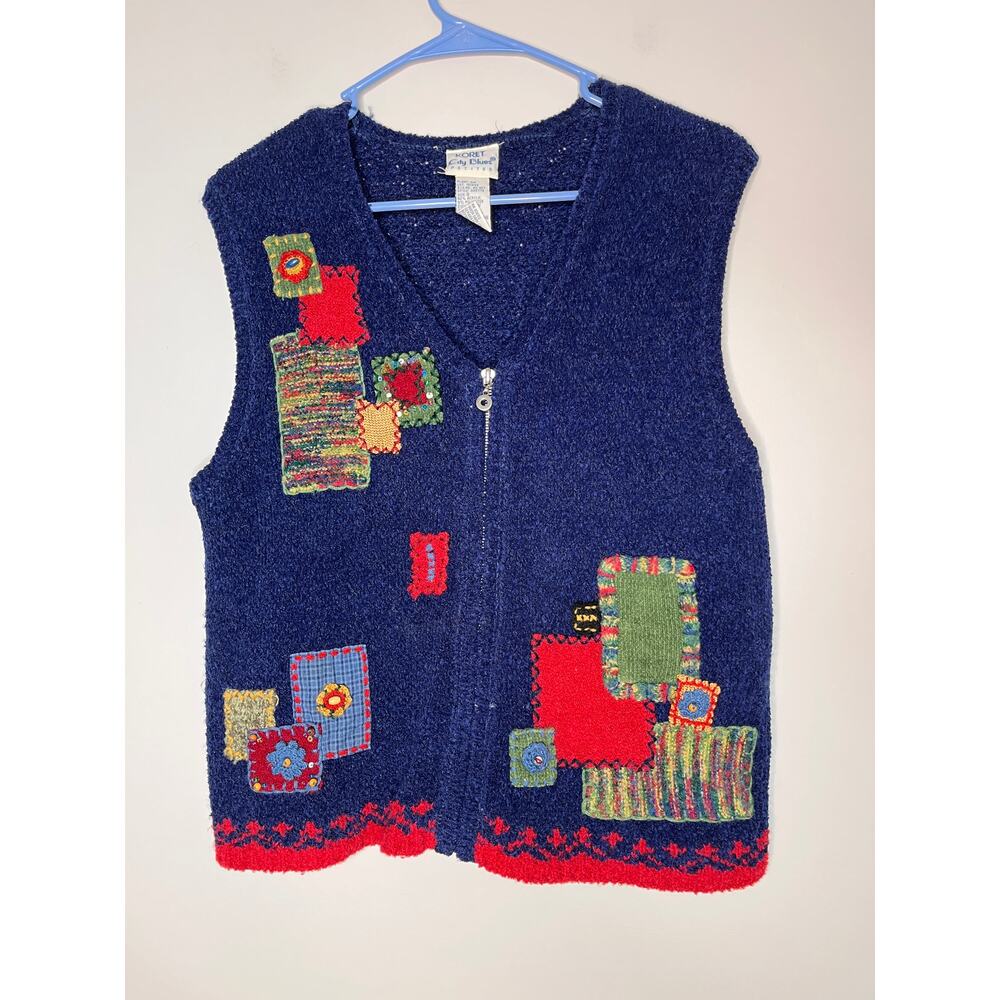 1990s Koret Red Blue Chenille Patchwork Art To We… - image 1